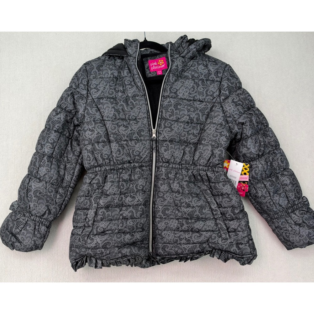NWT Pink Platinum Girls 14/16 Puffer Jacket Gray Lace Print Hooded Winter Coat